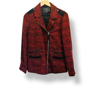 Lucky Brand Jacket Women Med Red Black Tweed Boucle Zip Pockets Moto Biker Style